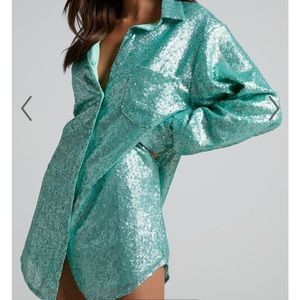Showpo Teal Sequin Shirt Dress